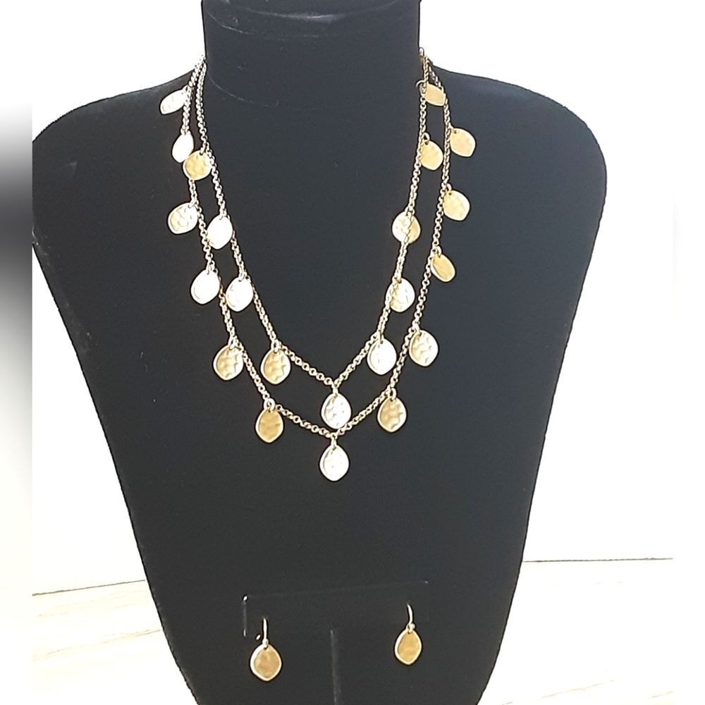 Hammered Matte Gold Tone Leaf Station Chain Link Necklace | Earrings Set